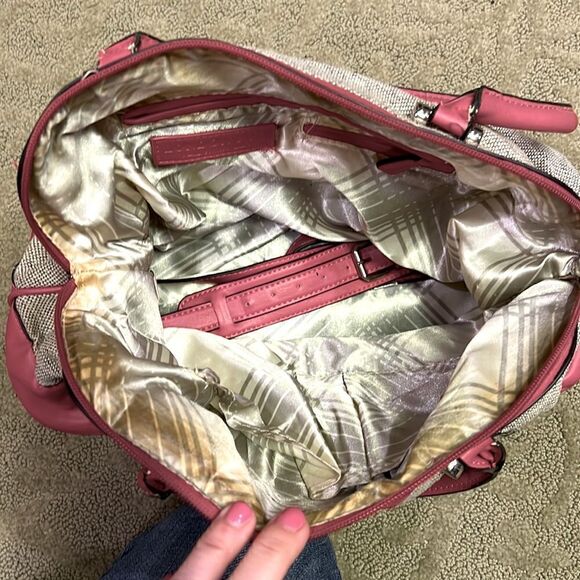 London Fog Simulated Leather Pink & Woven Satchel Purse with Long Strap - Picture 8 of 8